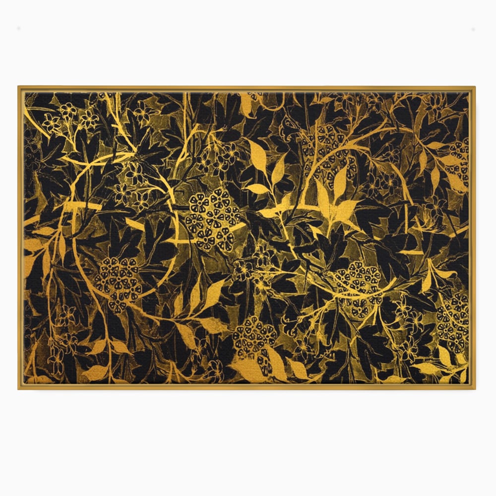 Tablou canvas cu model floral auriu pe fond negru, in rama de aluminiu auriu